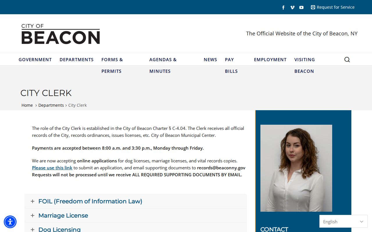 Beacon criminal records City Clerk request page in Dutchess County