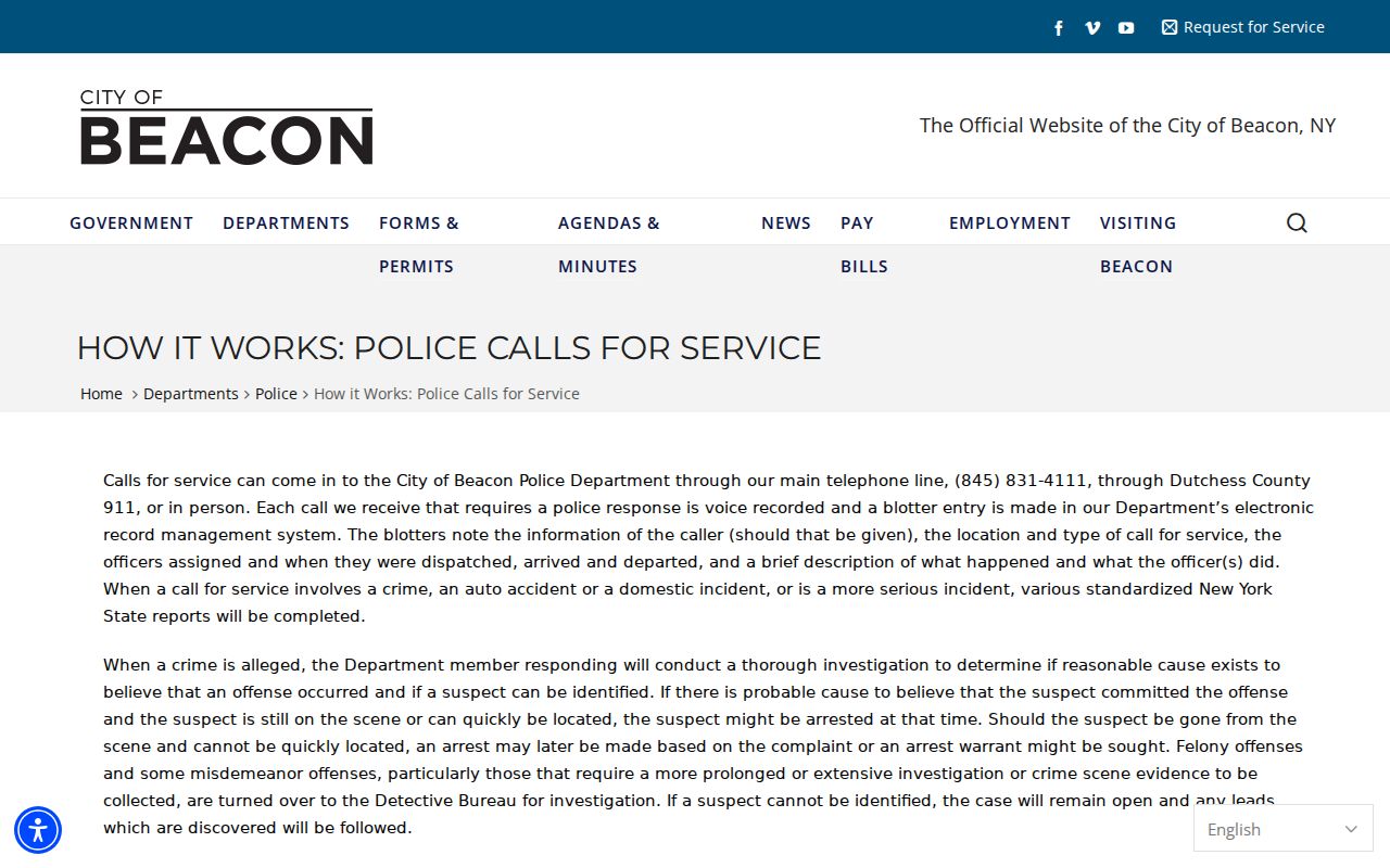 Beacon criminal records calls-for-service explanation in Dutchess County