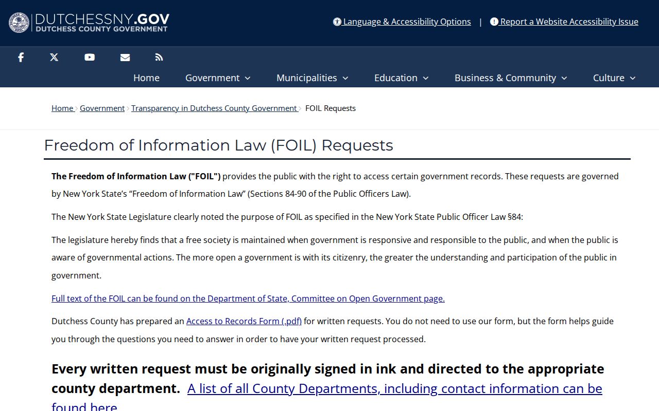 Dutchess County criminal records FOIL request instructions